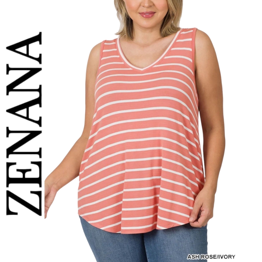 Zenana Plus Striped Sleeveless V-neck Top Ash Rose/Ivory 2X NWOT New